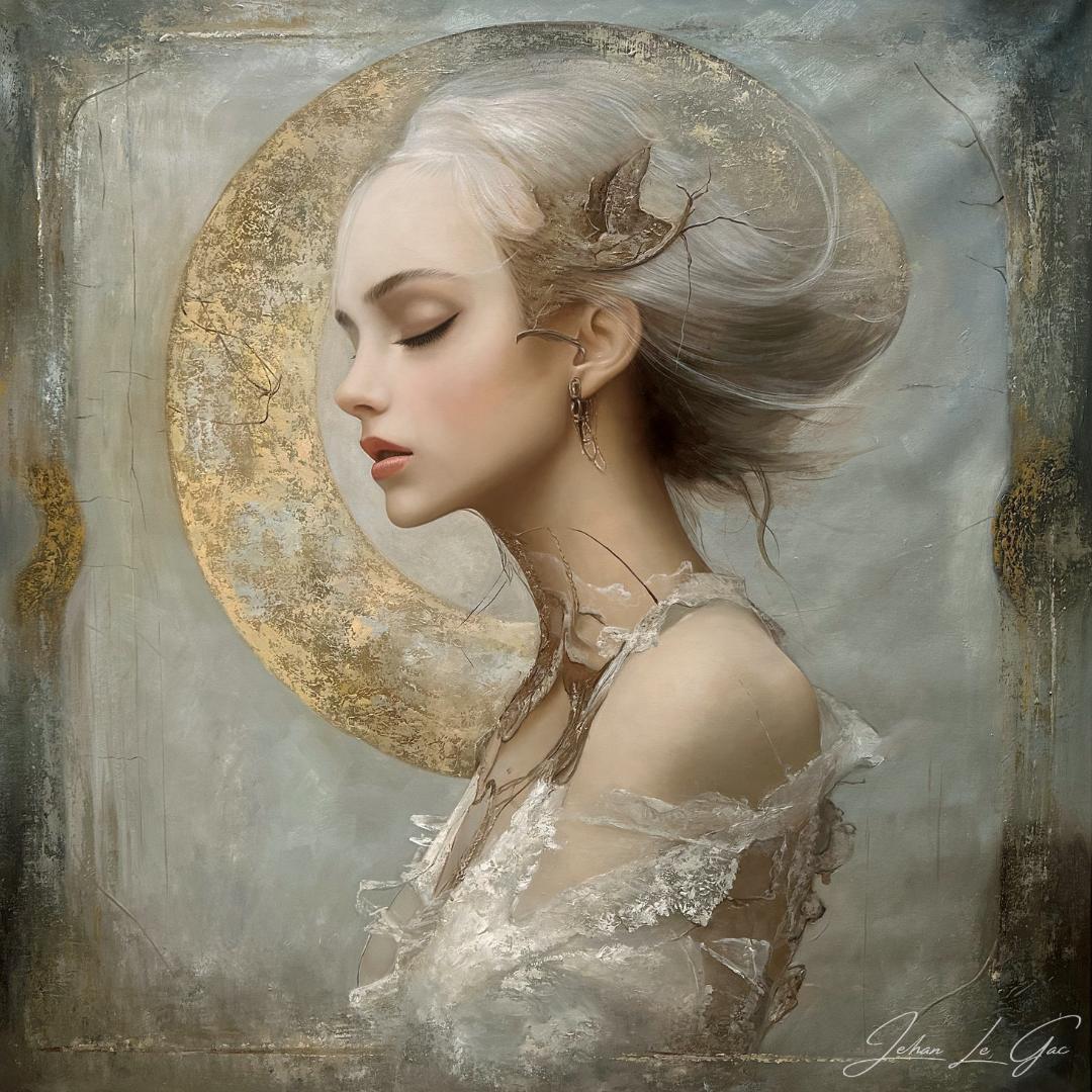 Ash and Light by Jehan Legac – contemporary oil painting exploring feminine presence and contemplative technique.