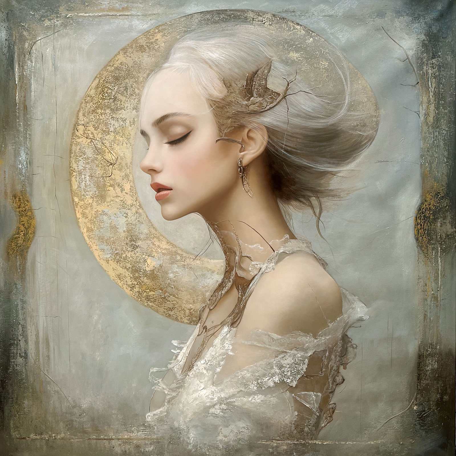 Female profile portrait, white hair chignon, large textured golden disc, organic branches in hair, moth, dissolving white fabric, grey-gold ground, 120 × 120 cm