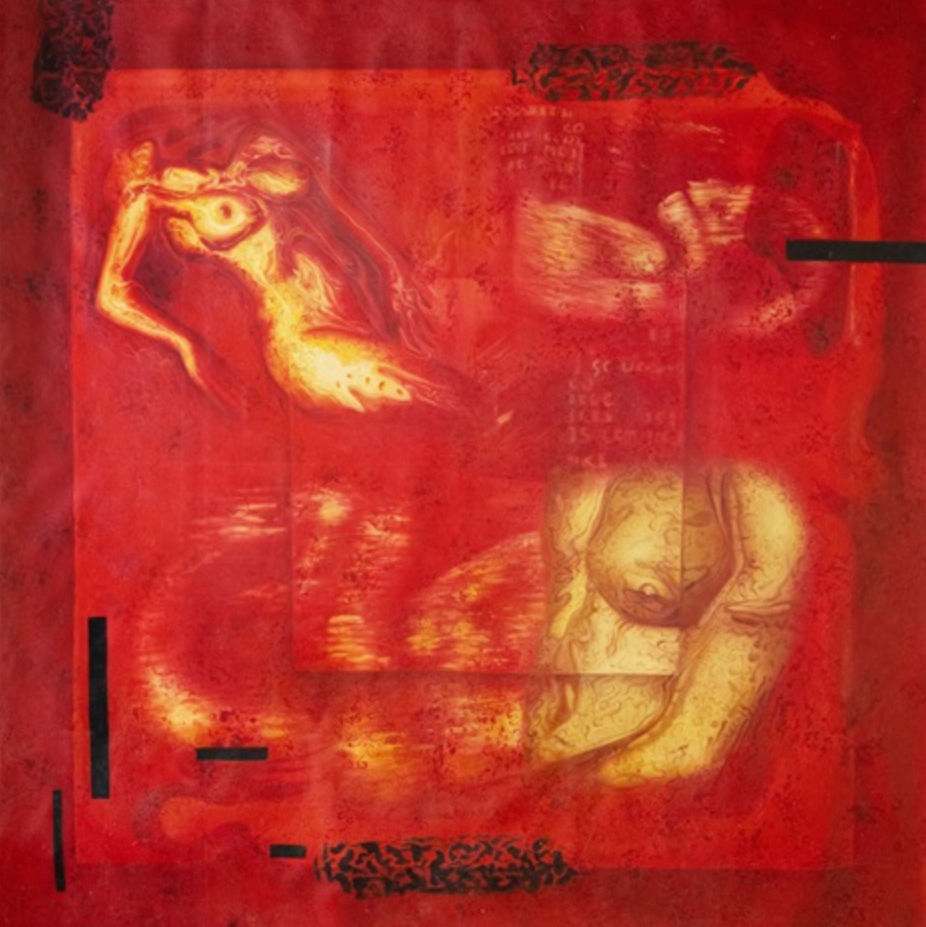 身着蓝色紧身胸衣和长裙的人物，立于暗底，Jehan Legac 的布面油画
