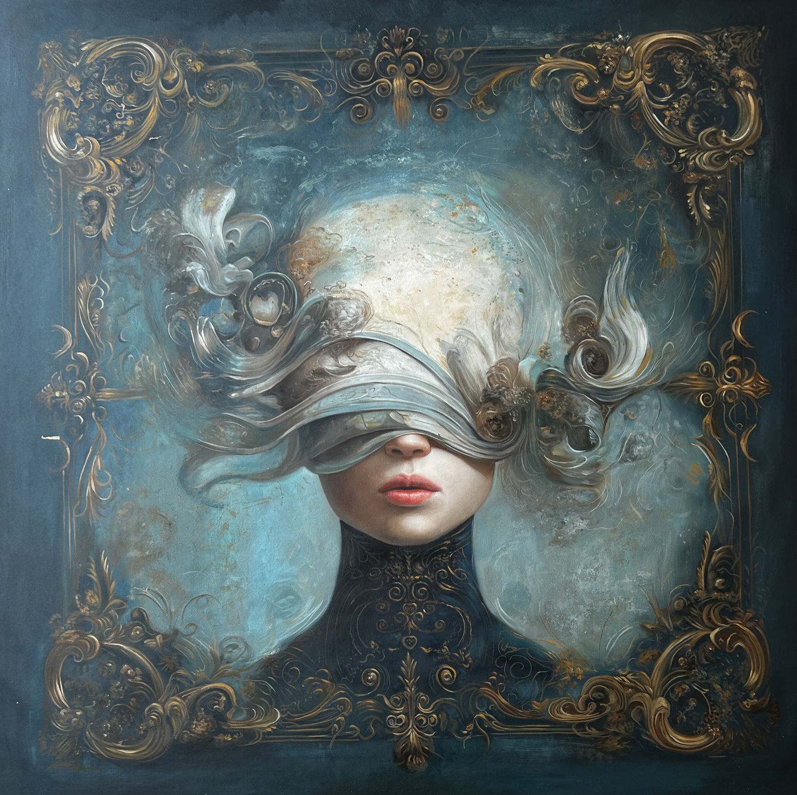Portrait féminin frontal sur fond teal, bandeau baroque sculpté sur les yeux, cadre doré intégré, col noir, lèvres rouges, 120 × 120 cm