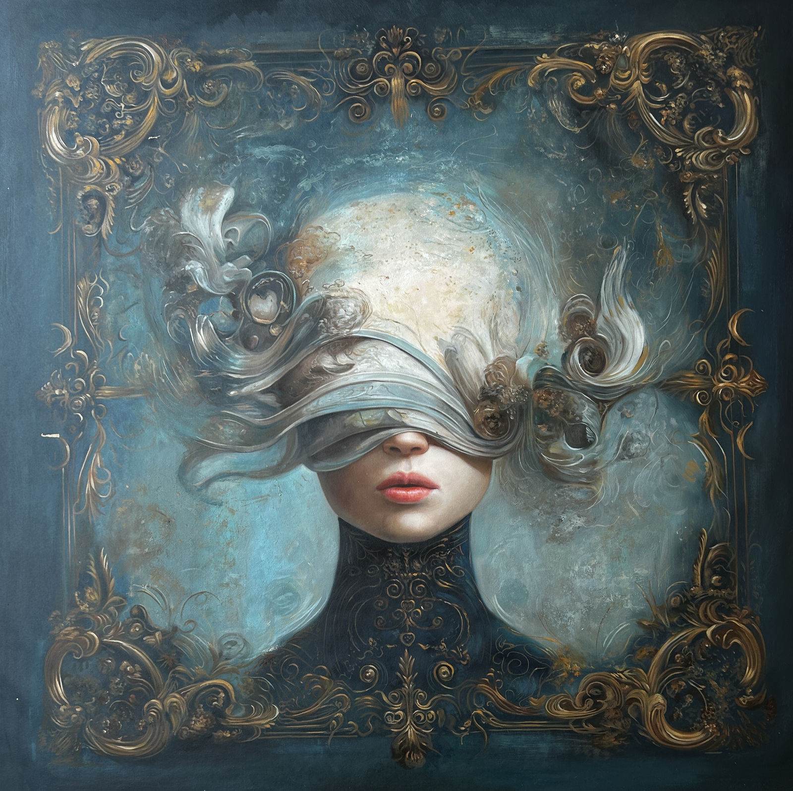 Portrait féminin frontal sur fond teal, bandeau baroque sculpté sur les yeux, cadre doré intégré, col noir, lèvres rouges, 120 × 120 cm
