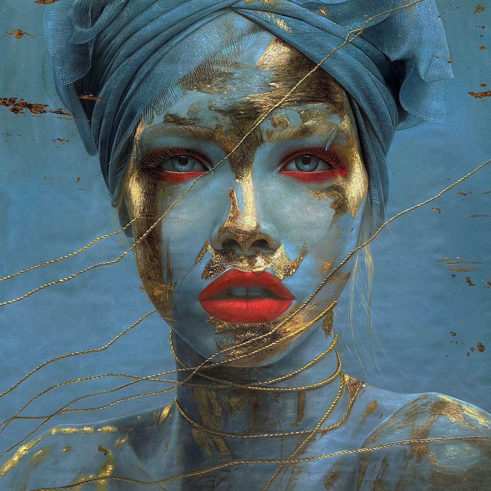 Portrait féminin émergeant d’un fond bleu profond, atmosphère éthérée, 150 × 150 cm