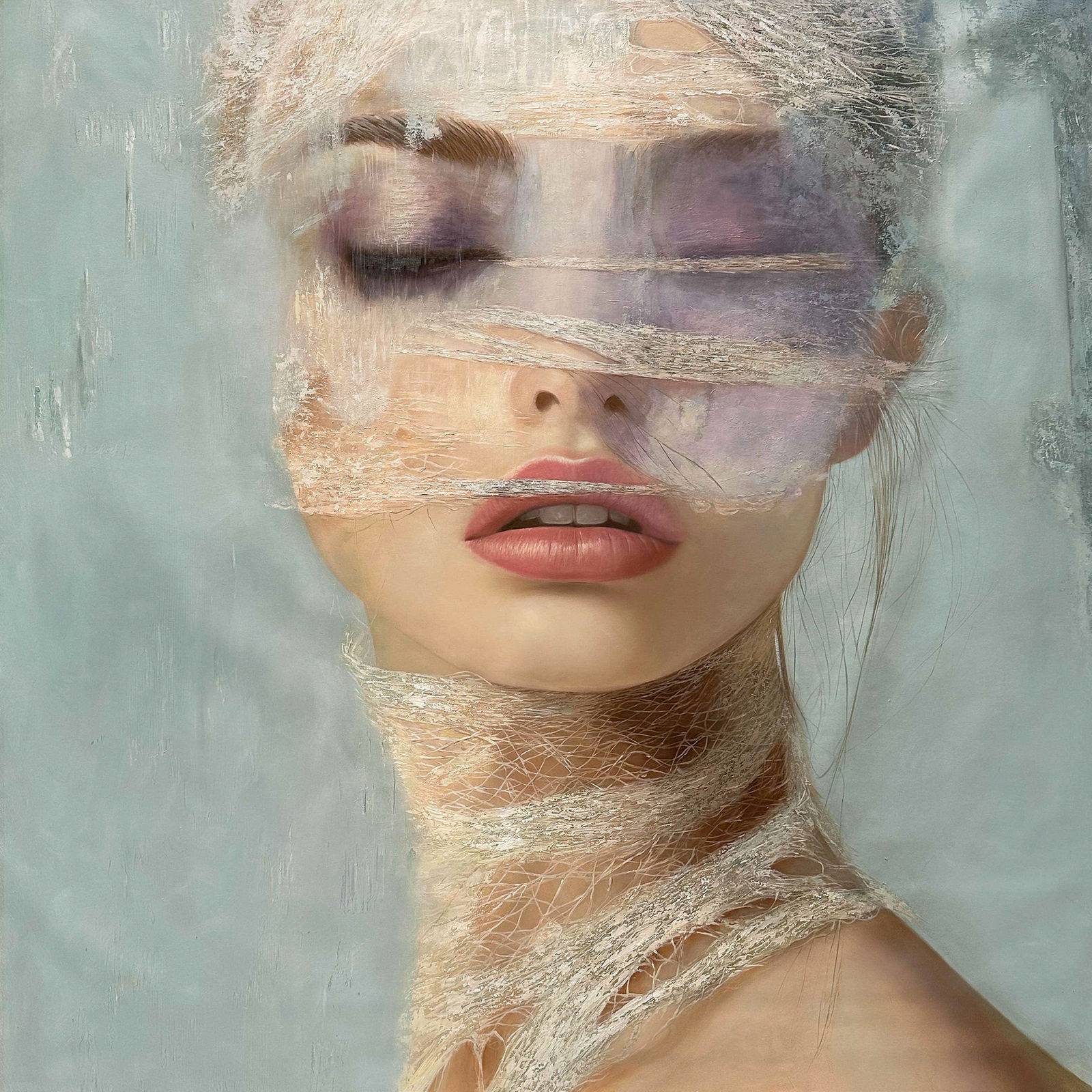 Female portrait in chrysalis, amber and warm ochre palette, transformation and potential, 150 × 150 cm
