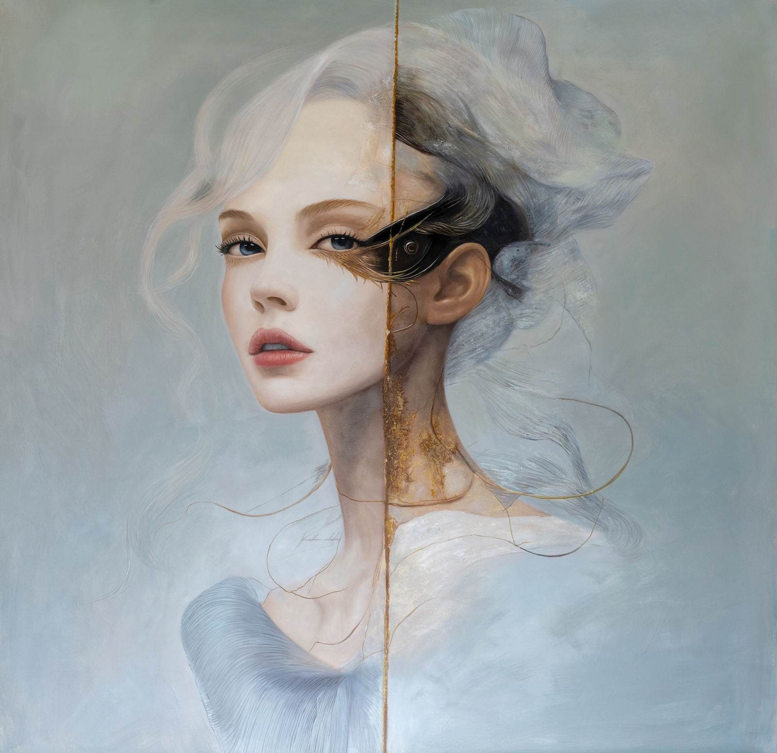 Portrait féminin souverain à la croisée de la lumière et de l’obscurité, chair nacrée et bruns profonds, 150 × 150 cm