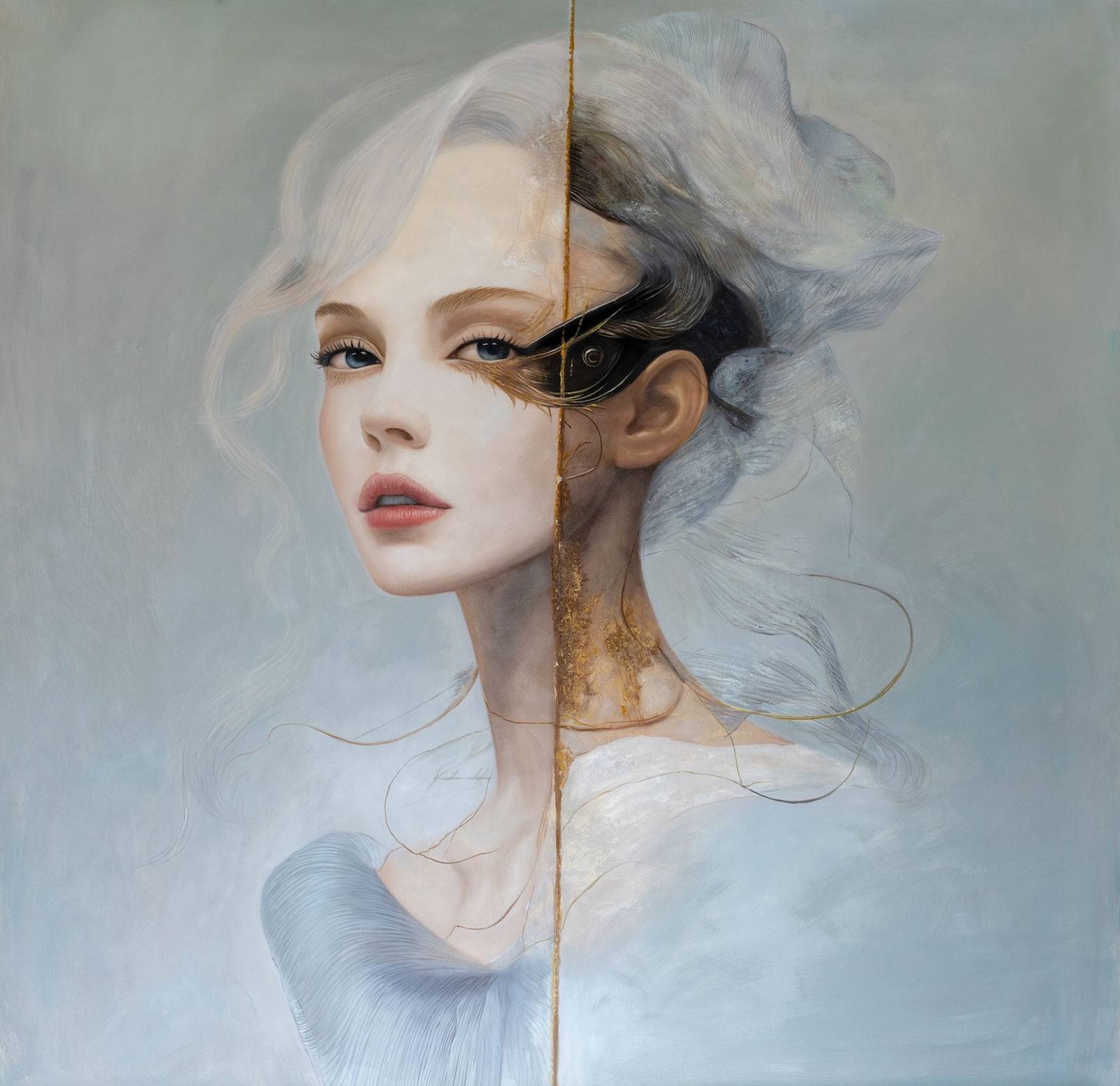 Sovereign female portrait at light-darkness intersection, pearlescent flesh and deep browns, 150 × 150 cm