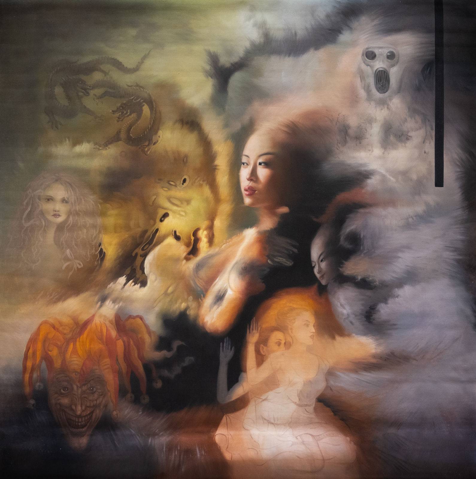 Grande composition surréaliste, femme au centre entourée de créatures mythiques : dragon doré, lion de feu, démon bouffon, spectres féminins, fond bipartite chaud et froid, 160 × 160 cm