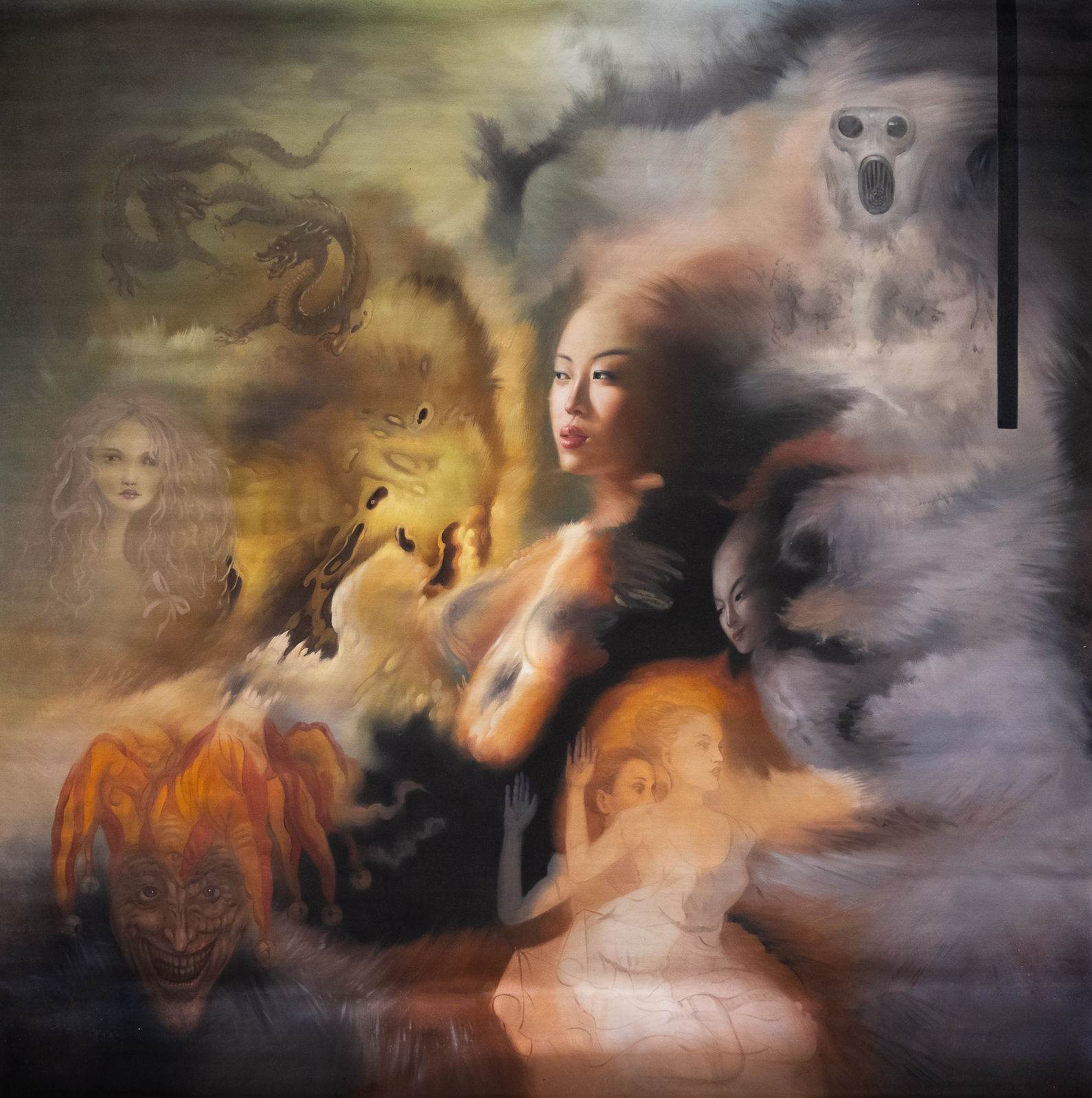 Grande composition surréaliste, femme au centre entourée de créatures mythiques : dragon doré, lion de feu, démon bouffon, spectres féminins, fond bipartite chaud et froid, 160 × 160 cm