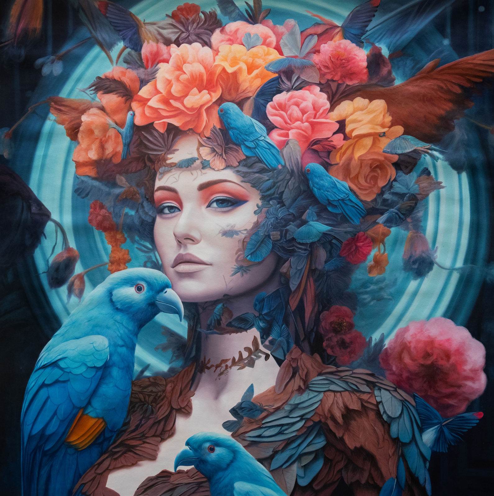 Portrait féminin face au spectateur, coiffe monumentale de pivoines et de roses orangées avec perroquets bleus, halo turquoise, plumes aux épaules