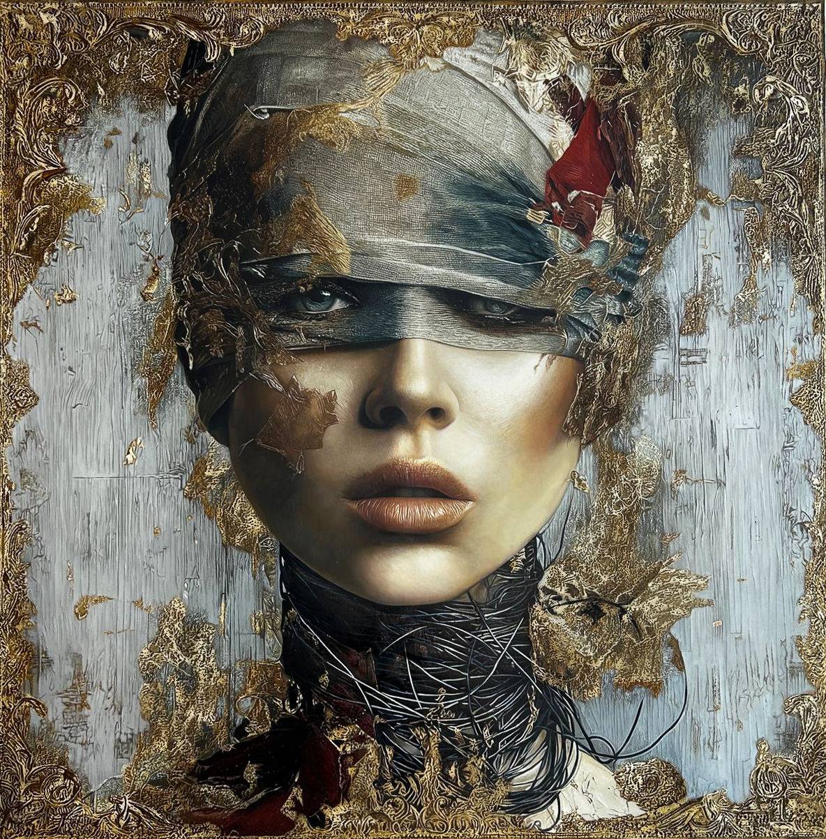 Portrait féminin, voile sombre déchiré révélant l’or et un œil, cadre baroque doré ciselé, cou entouré de fils sombres, fond gris strié, 120 × 120 cm