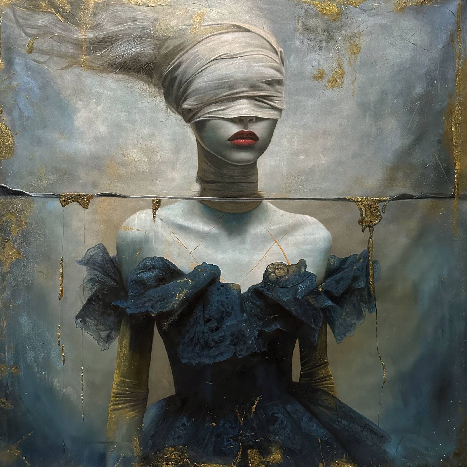 Portrait féminin dans une atmosphère aquatique, bleus translucides et verts jade, touches de lumière blanche, 150 × 150 cm
