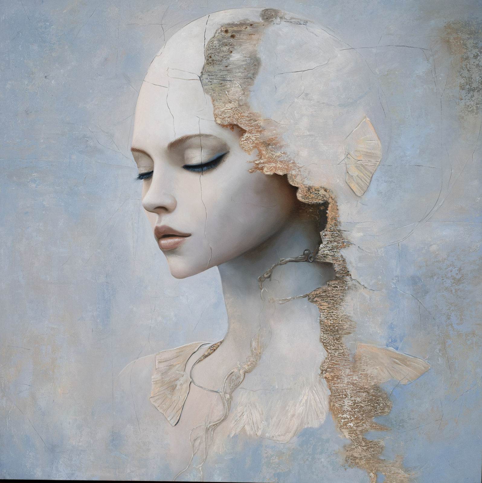 Portrait féminin de profil, crâne qui s’effrite à droite, texture dorée révélée, fond bleu-gris pâle, palette ivoire, 120 × 120 cm
