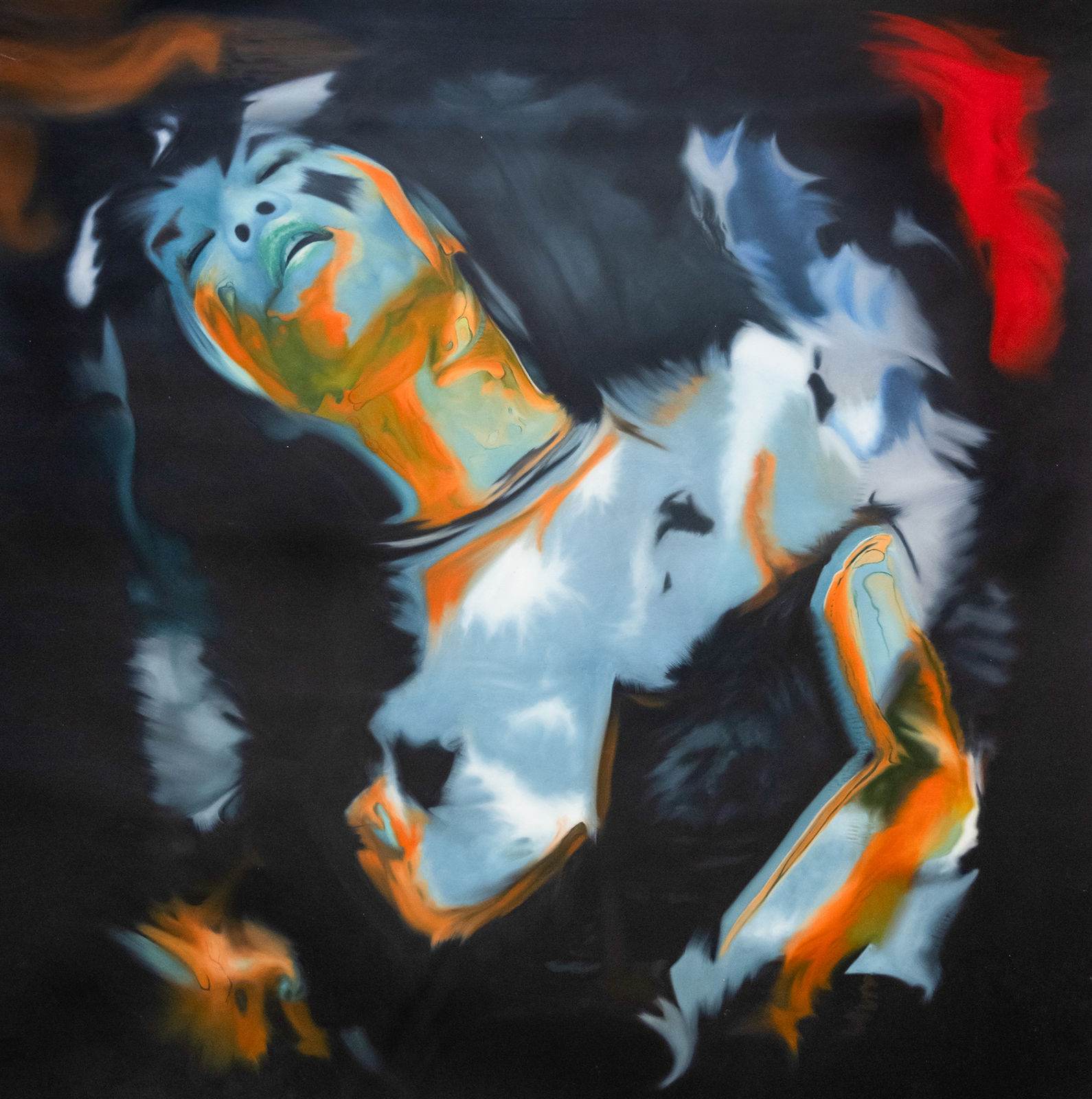 Figure humaine, tête renversée, fond noir absolu marqué d’orange brûlé et de bleu glacial, peinture expressionniste grand format
