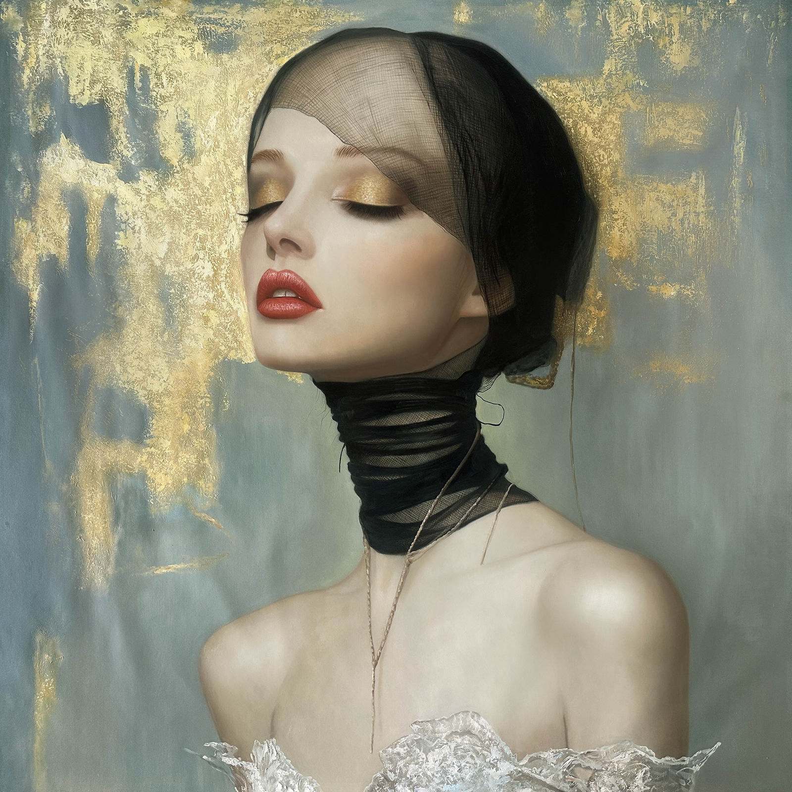 多层女性肖像，半透明面纱，漂浮的碎片，幻觉与现实，150 × 150 厘米