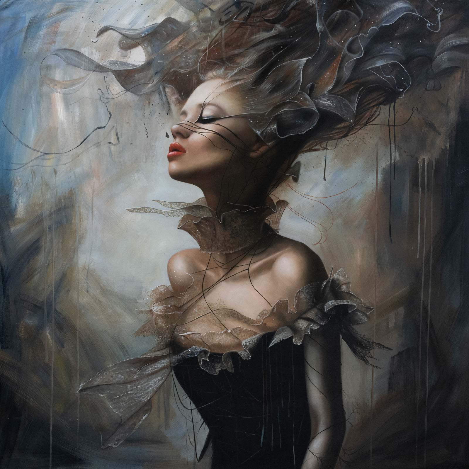 Sovereign female portrait in reverie, royal gold and ochre palette, luminous modeling, 150 × 150 cm
