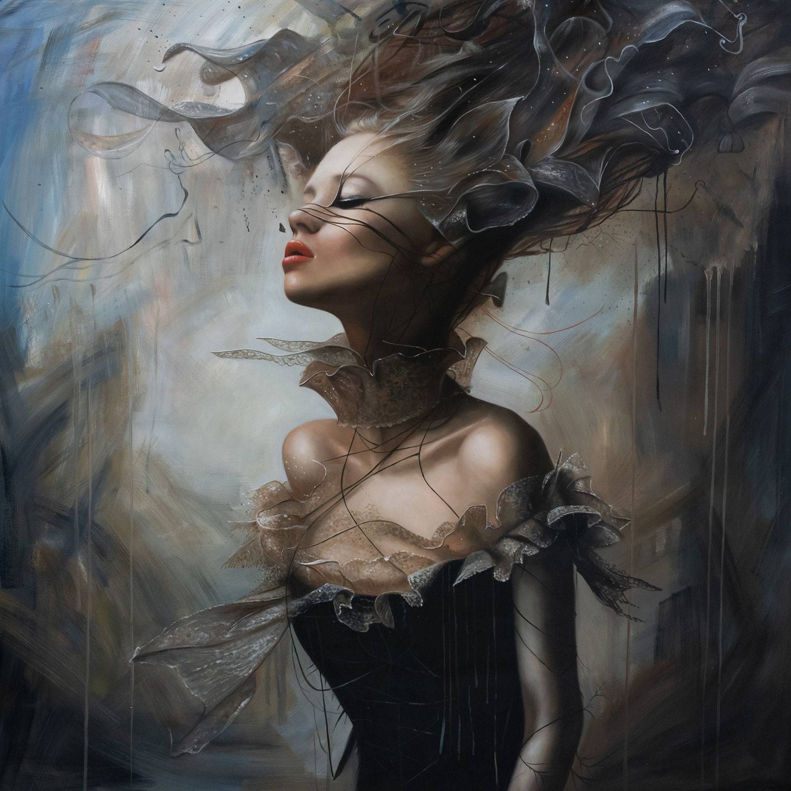 Sovereign female portrait in reverie, royal gold and ochre palette, luminous modeling, 150 × 150 cm