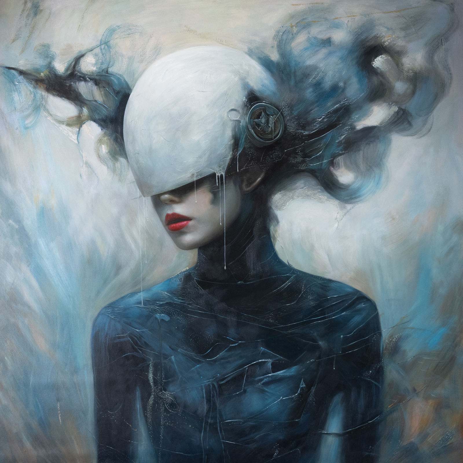 戴着洁白头盔的女性肖像,暗底,神秘的在场,150 × 150 厘米