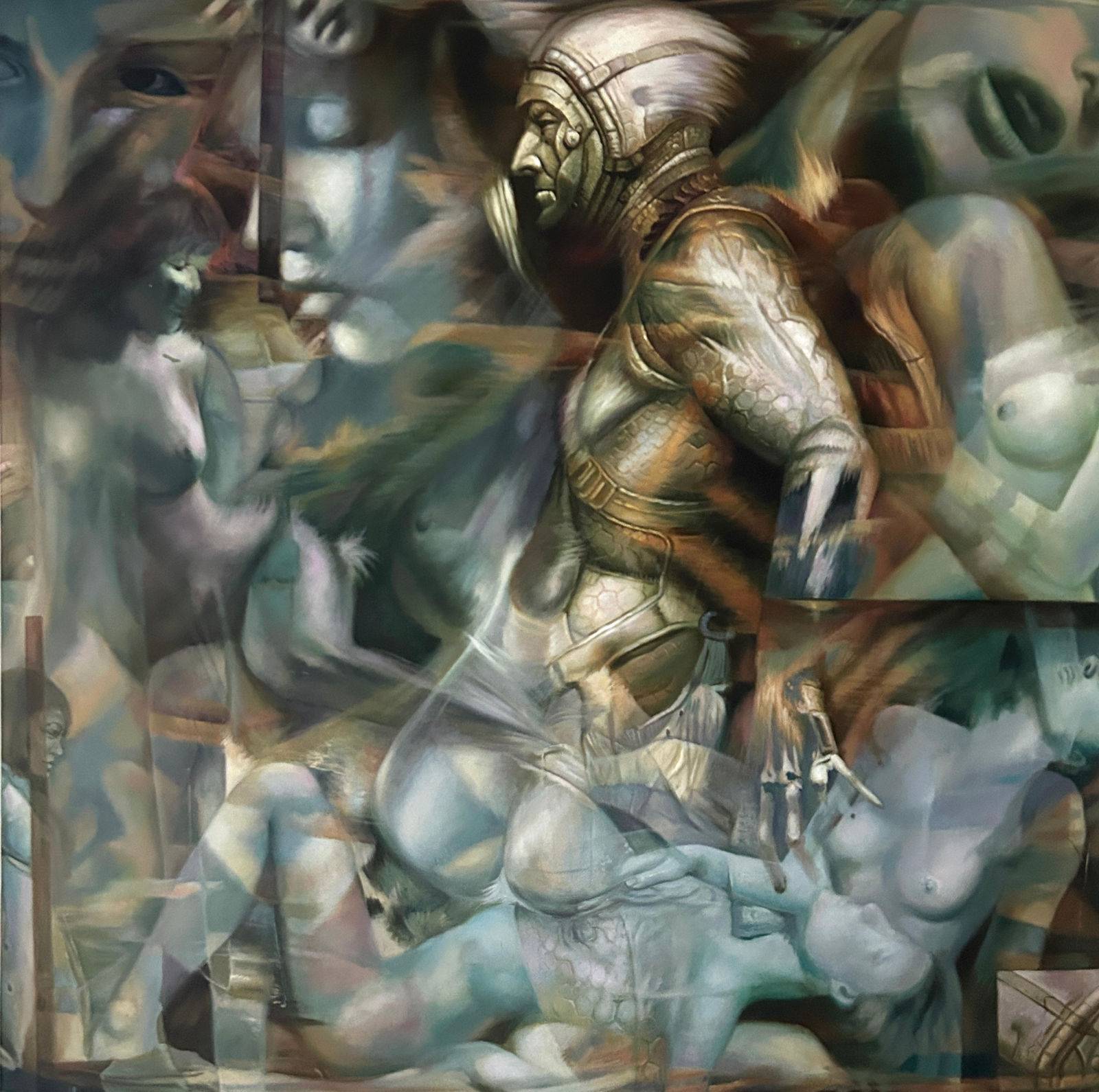 Guerrier en armure d’or entouré de corps nus enchevêtrés sur fond bleu-gris, 120 × 120 cm, peinture figurative surréaliste