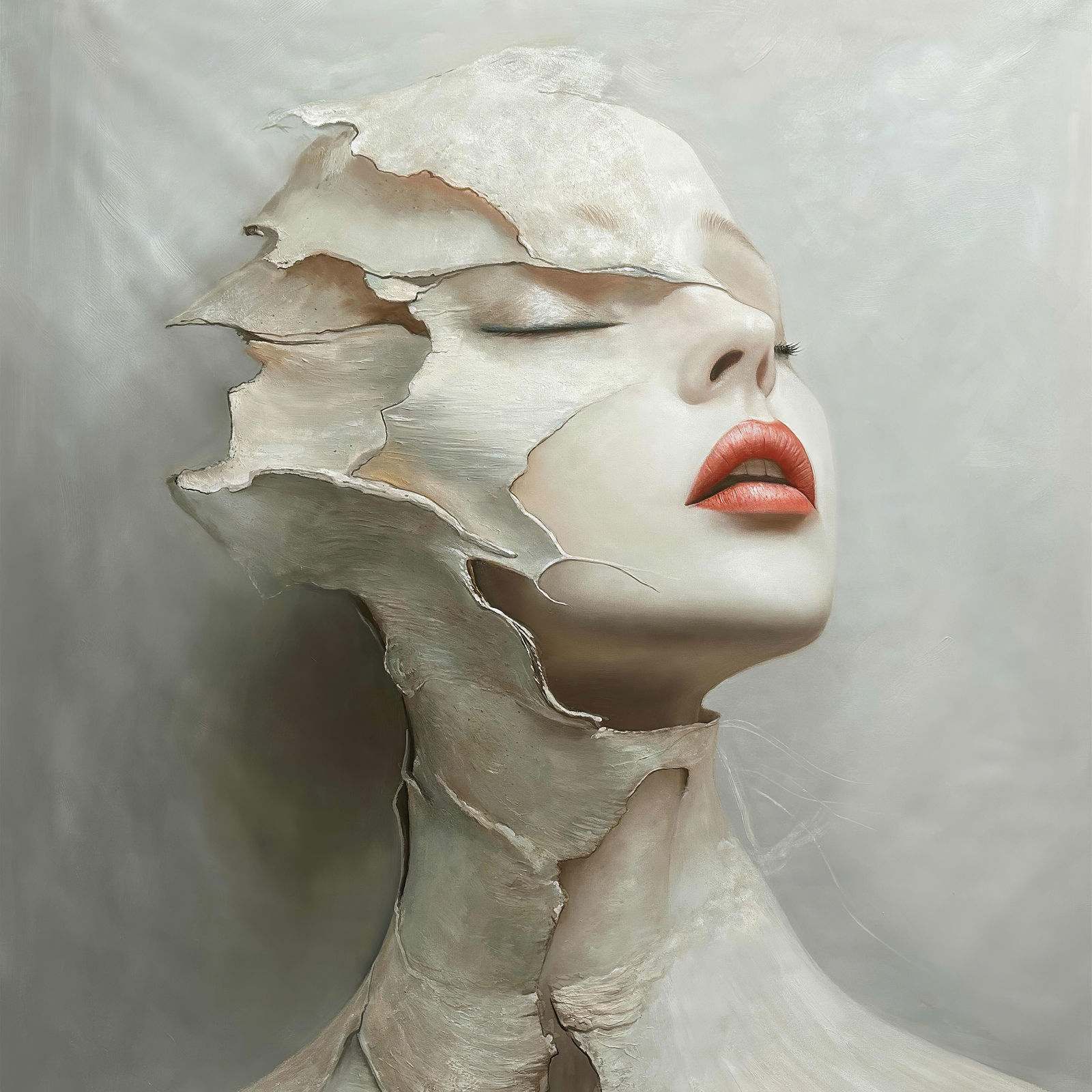 Portrait féminin serein et fragile, tension silencieuse dans la composition, 150 × 150 cm