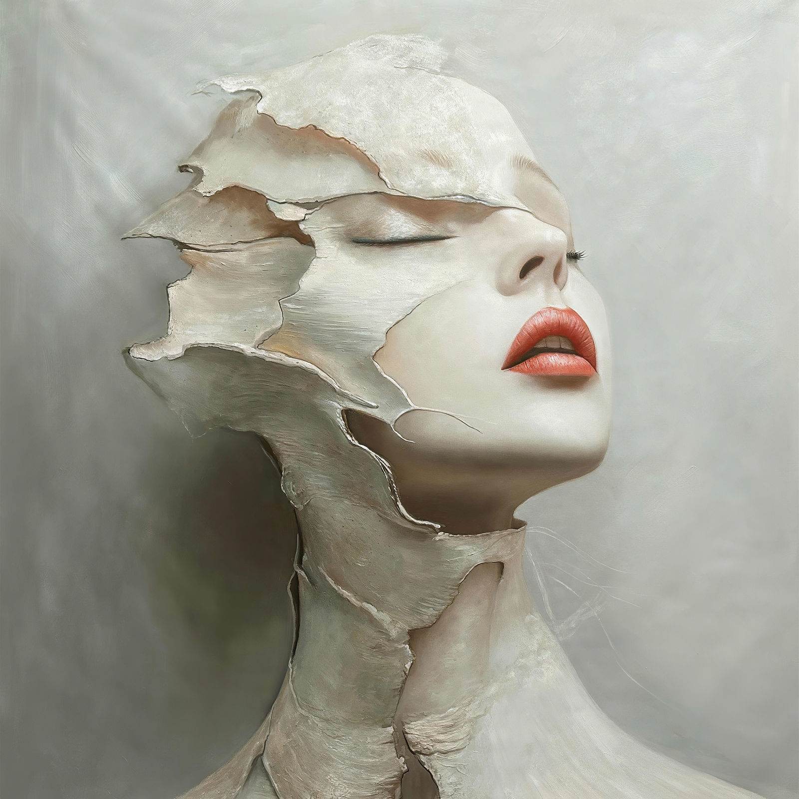 Portrait féminin serein et fragile, tension silencieuse dans la composition, 150 × 150 cm