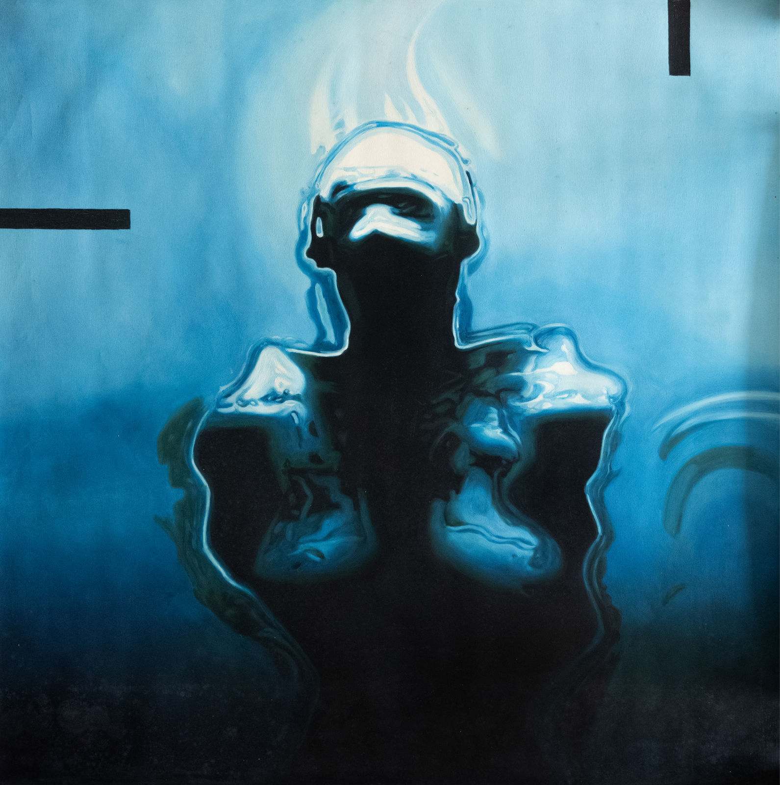 Nu aux tons bleus renversé en arrière, une main traversant le corps, huile sur toile de Jehan Legac