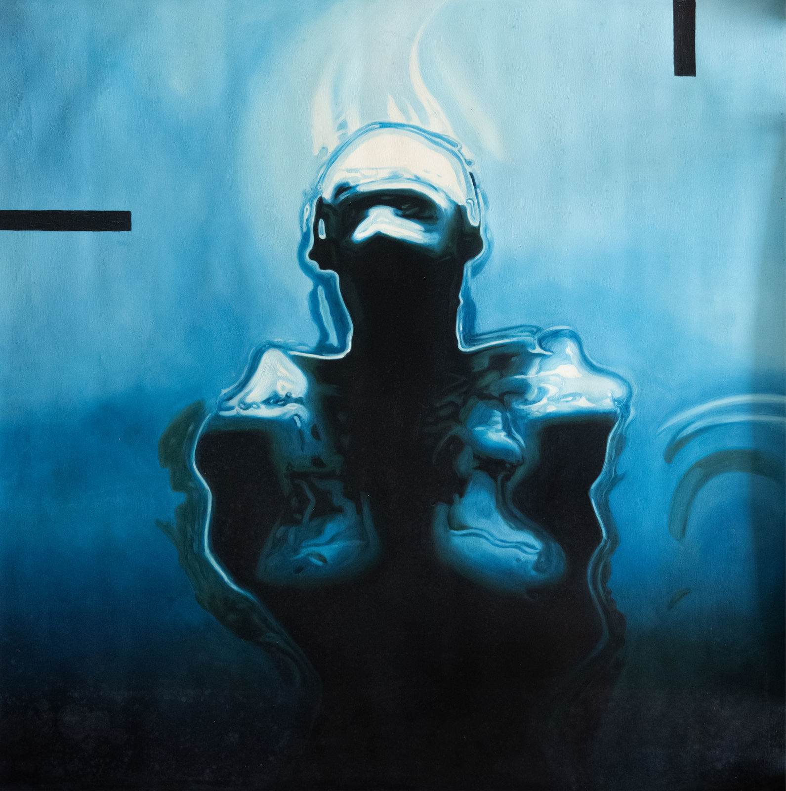 Nu aux tons bleus renversé en arrière, une main traversant le corps, huile sur toile de Jehan Legac