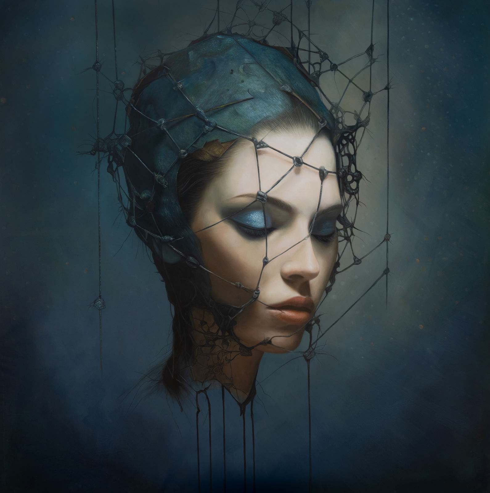 Portrait féminin en gros plan, tête couverte d’un réseau de fil métallique et de nœuds, fond bleu brumeux, yeux clos, 116 × 116 cm