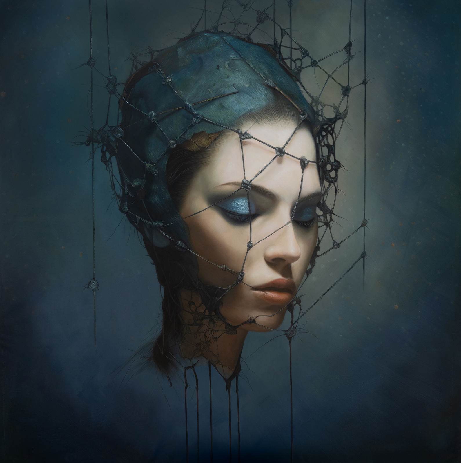Portrait féminin en gros plan, tête couverte d’un réseau de fil métallique et de nœuds, fond bleu brumeux, yeux clos, 116 × 116 cm