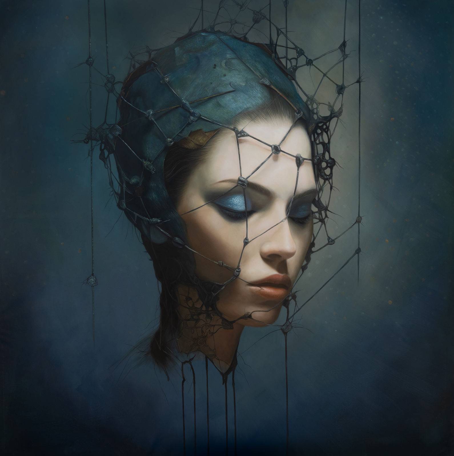 Female portrait close-up, head covered in metallic wire network with nodes, misty blue ground, eyes closed, 116×116 cm.