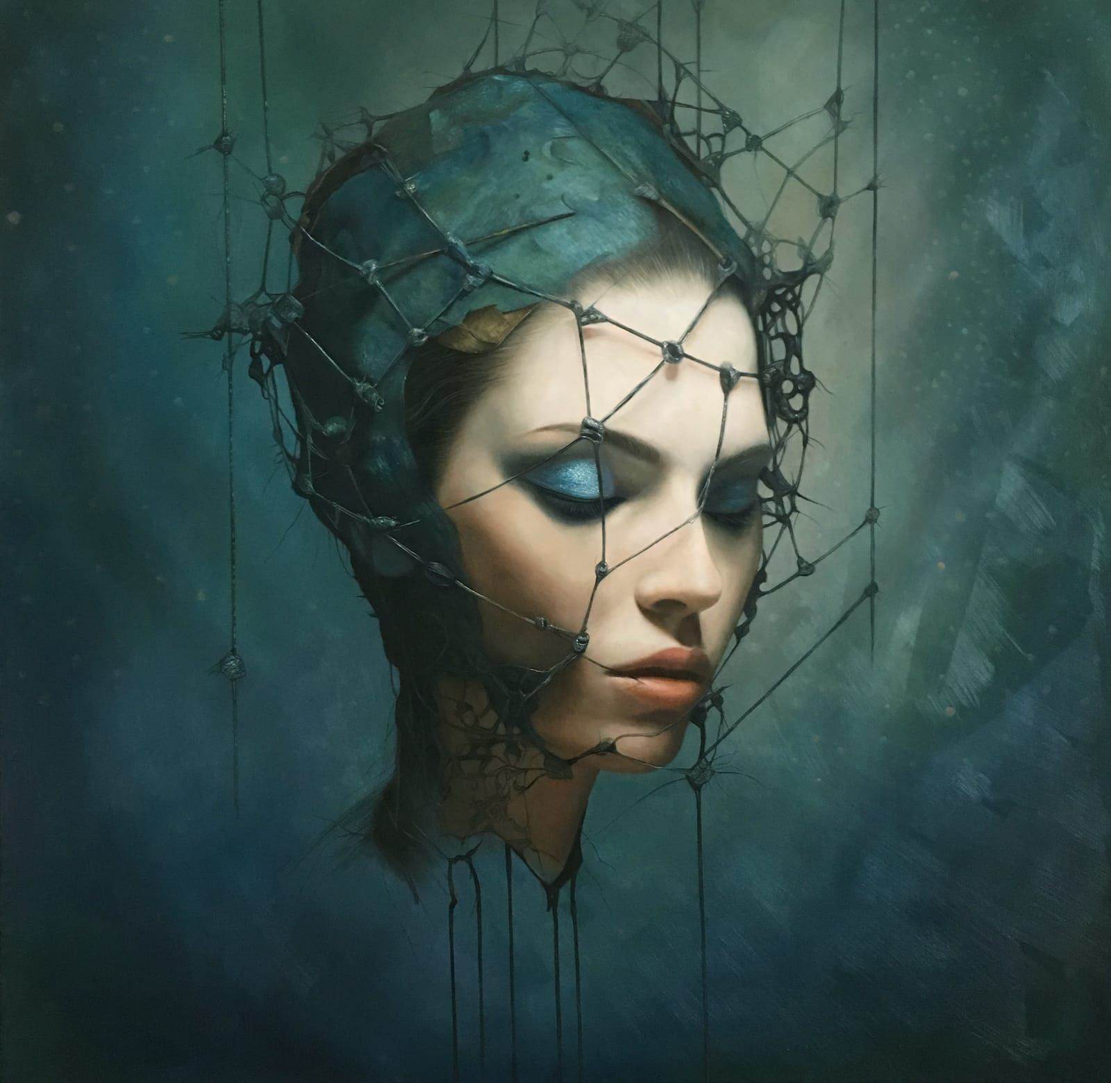 Figure de profil, yeux clos, tête enveloppée d’un filet géométrique de lignes, fond bleu, huile sur toile de Jehan Legac