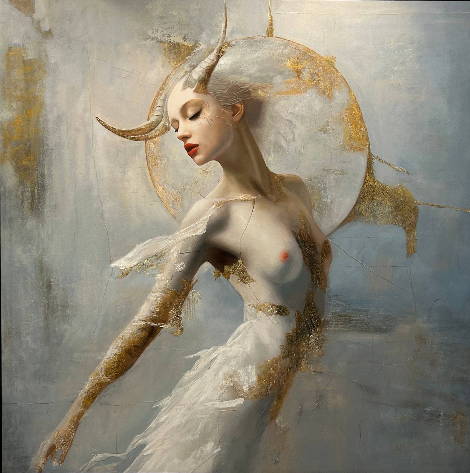 Female mythological figure with white horns, gold halo, feather and fur wings, textured grey ground, 150 × 150 cm