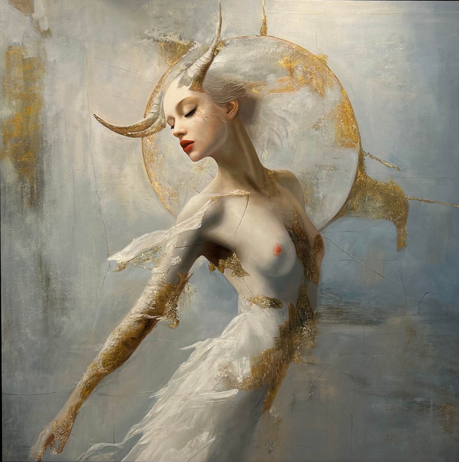 Female mythological figure with white horns, gold halo, feather and fur wings, textured grey ground, 150 × 150 cm