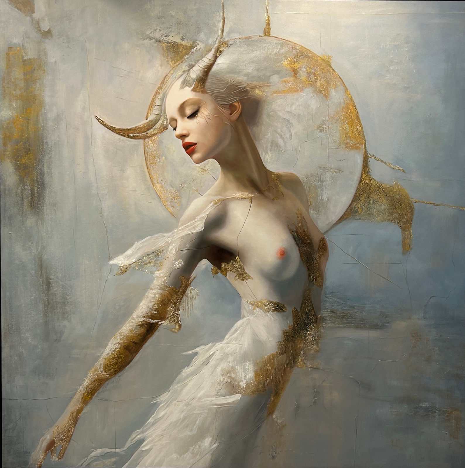 Female mythological figure with white horns, gold halo, feather and fur wings, textured grey ground, 150 × 150 cm