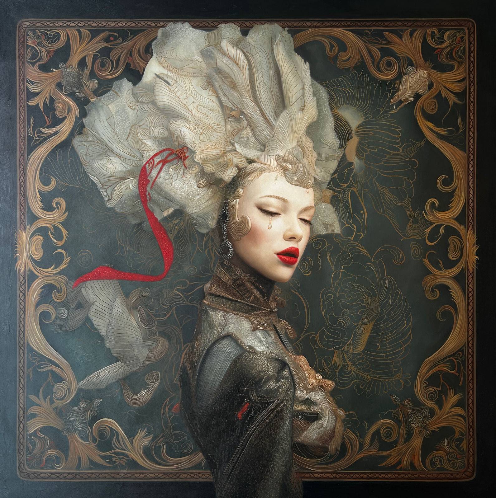 Female three-quarter portrait, monumental white feather headdress with red ribbon, closed eyes, red lips, tear, integrated gold baroque frame, bird-engraved ground, 120 × 120 cm