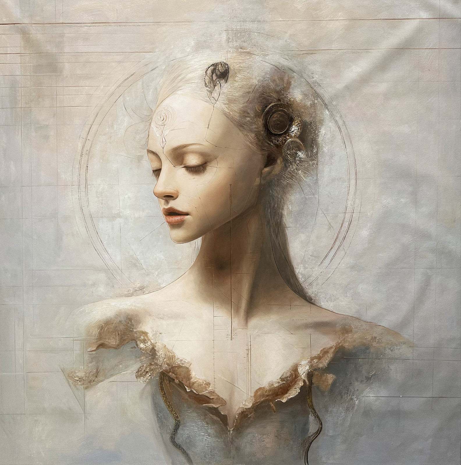 Female portrait of extreme pallor, white ground with architectural grid and engraved circle, tear on cheek, golden baroque border, 120 × 120 cm