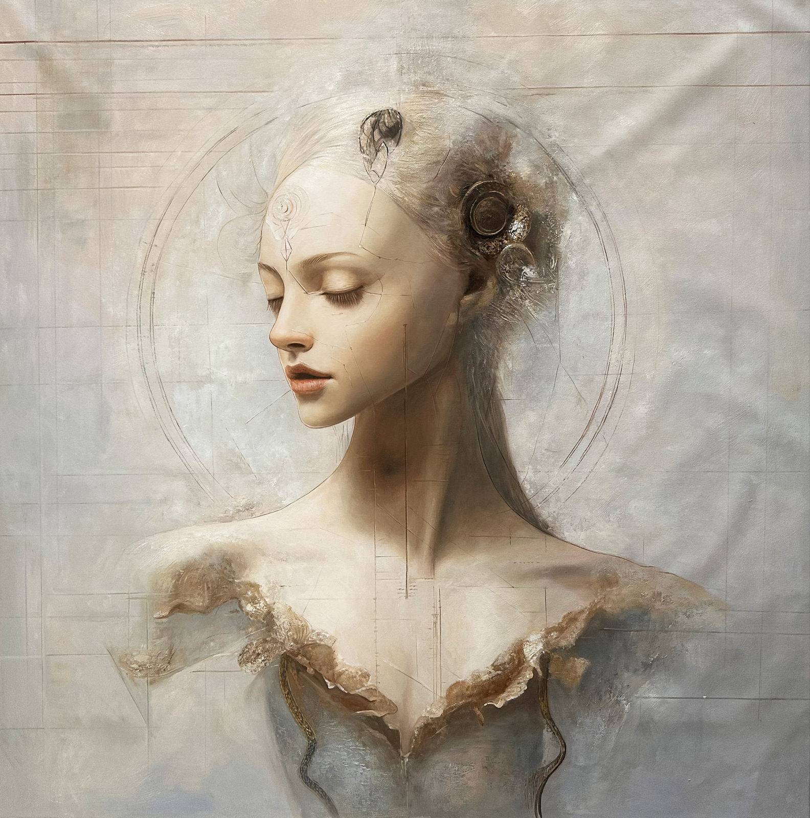 Female portrait of extreme pallor, white ground with architectural grid and engraved circle, tear on cheek, golden baroque border, 120 × 120 cm