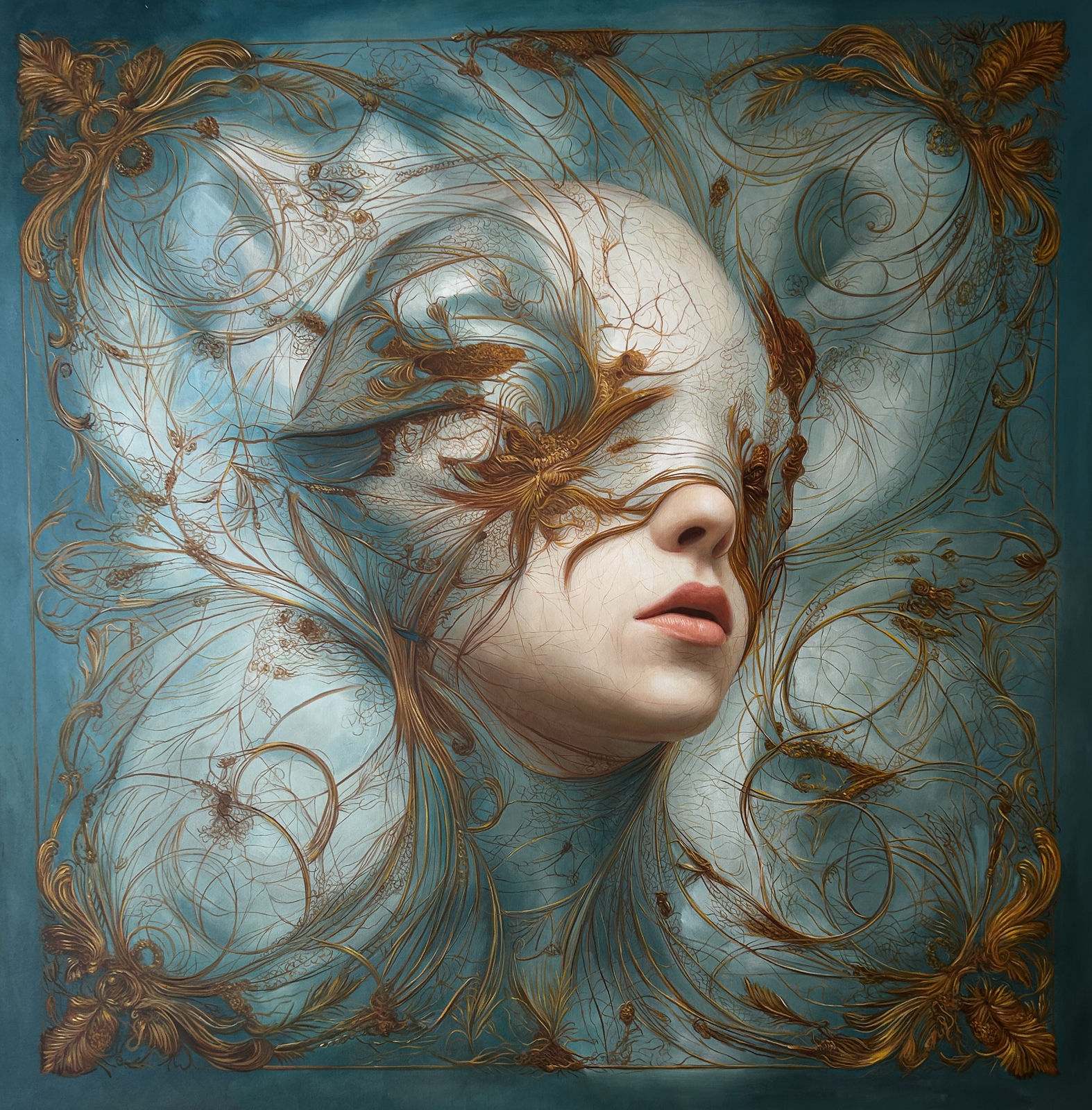 Visage féminin renversé, arabesques dorées explosives, papillon ailé sur les yeux clos, fond teal, cadre baroque doré intégré, 120 × 120 cm