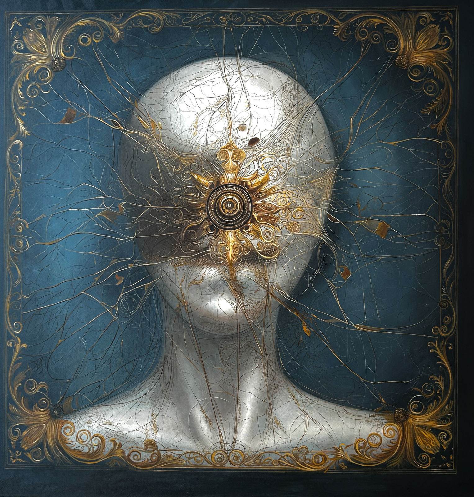 Tête blanc-argent sans visage, roue solaire dorée à la place des yeux, veines blanches, fond teal, cadre baroque doré, 120 × 120 cm