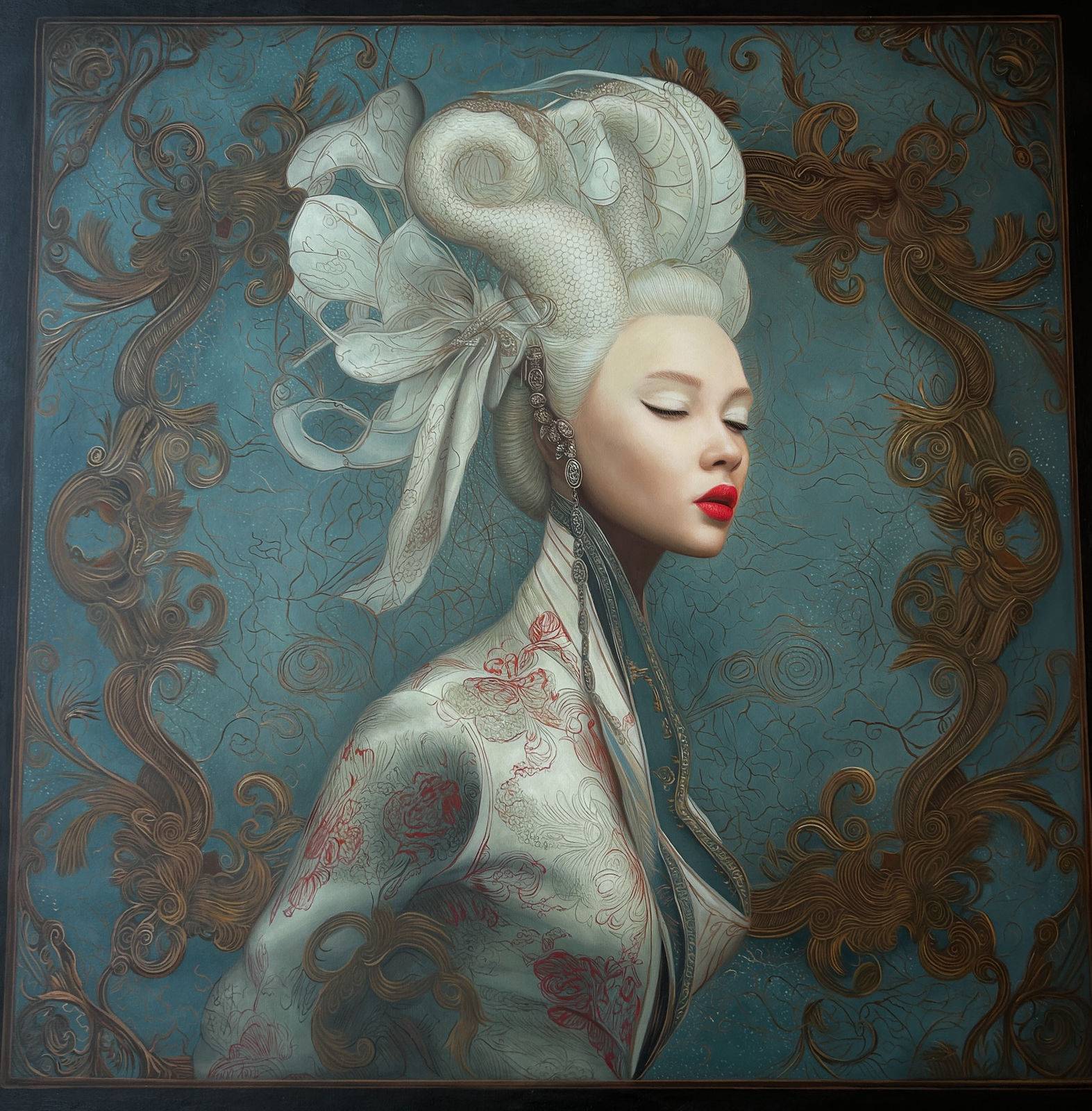Portrait féminin de profil sur fond teal, serpent blanc nacré enroulé en couronne, roses rouges et papillons tatoués sur une robe blanche brodée, cadre baroque doré, 120 × 120 cm