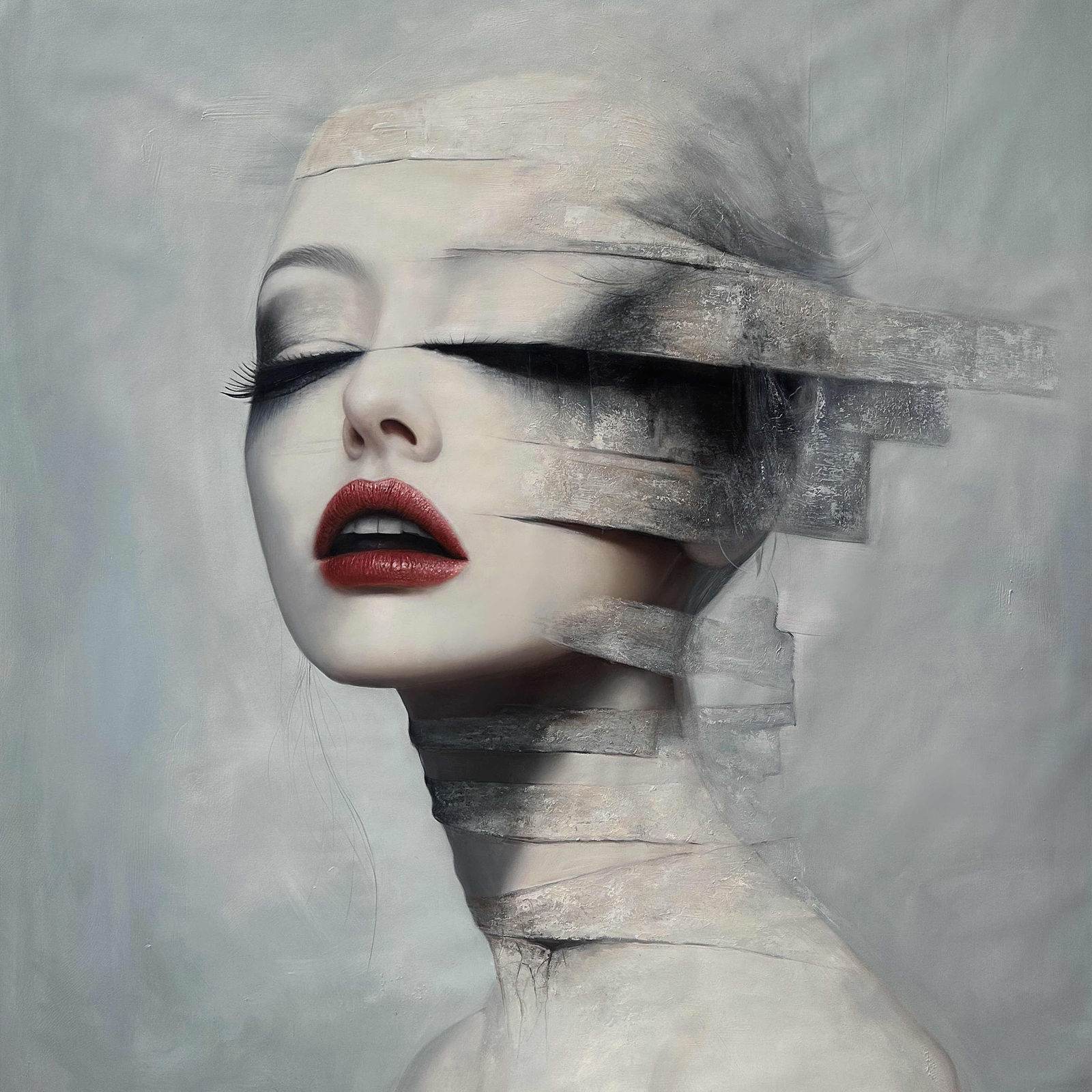 Portrait féminin, bandes grises horizontales sur les yeux et le cou, lèvres rouges grandes ouvertes, fond gris atmosphérique, 150 × 150 cm