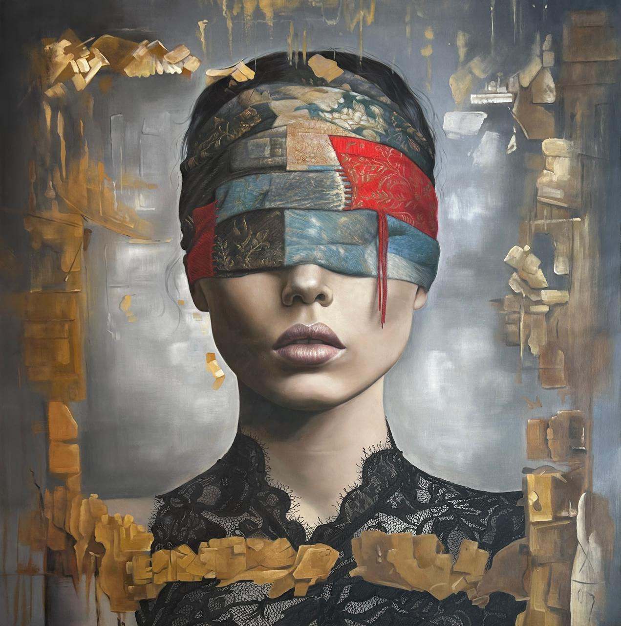 正面女性肖像，彩色拼布蒙住双眼，灰底，黑色蕾丝高领裙，150 × 150 厘米