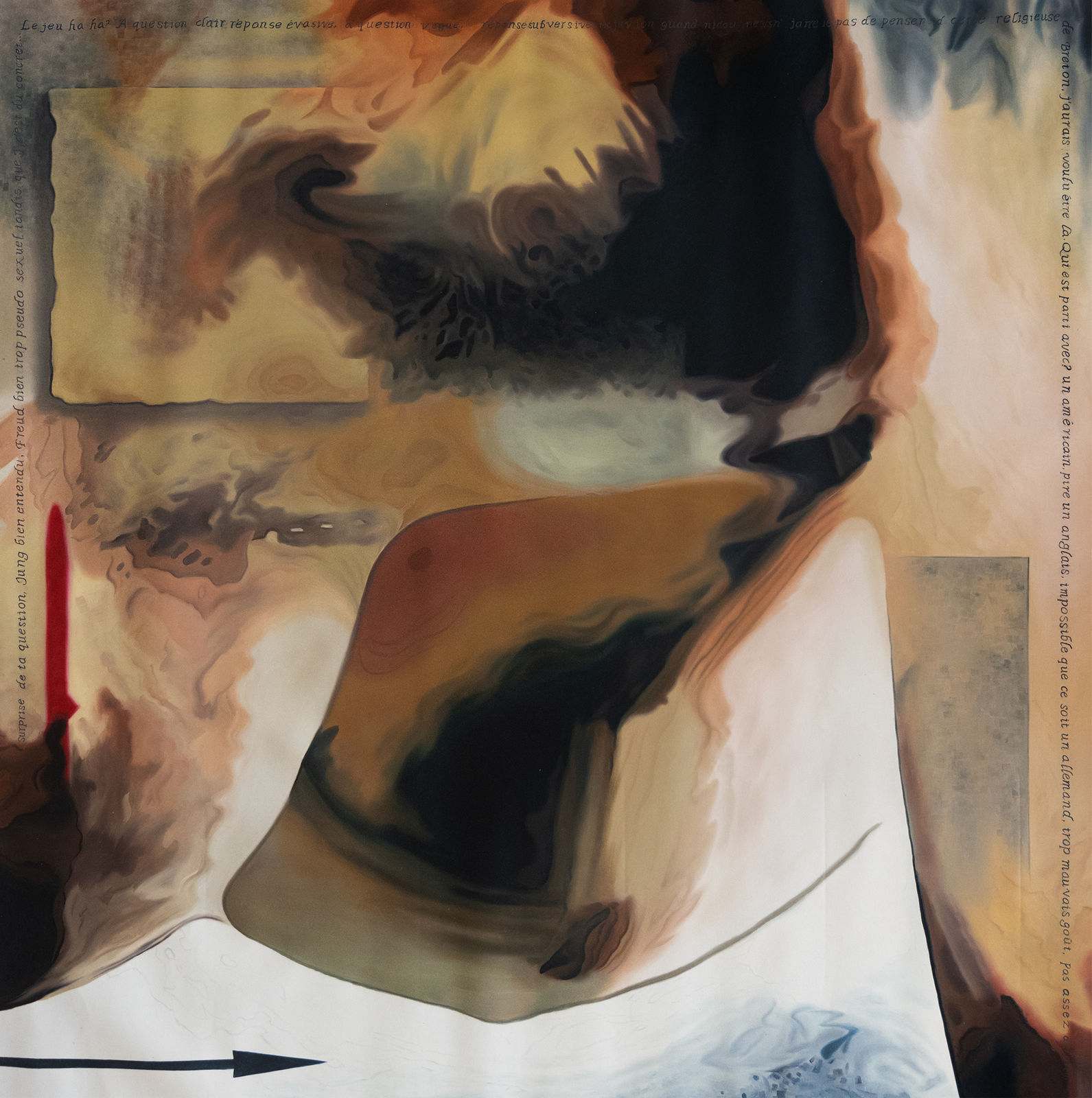 Gros plan d’un visage, yeux couverts d’une bande pâle, carnations chaudes sur fond sombre, huile sur toile de Jehan Legac