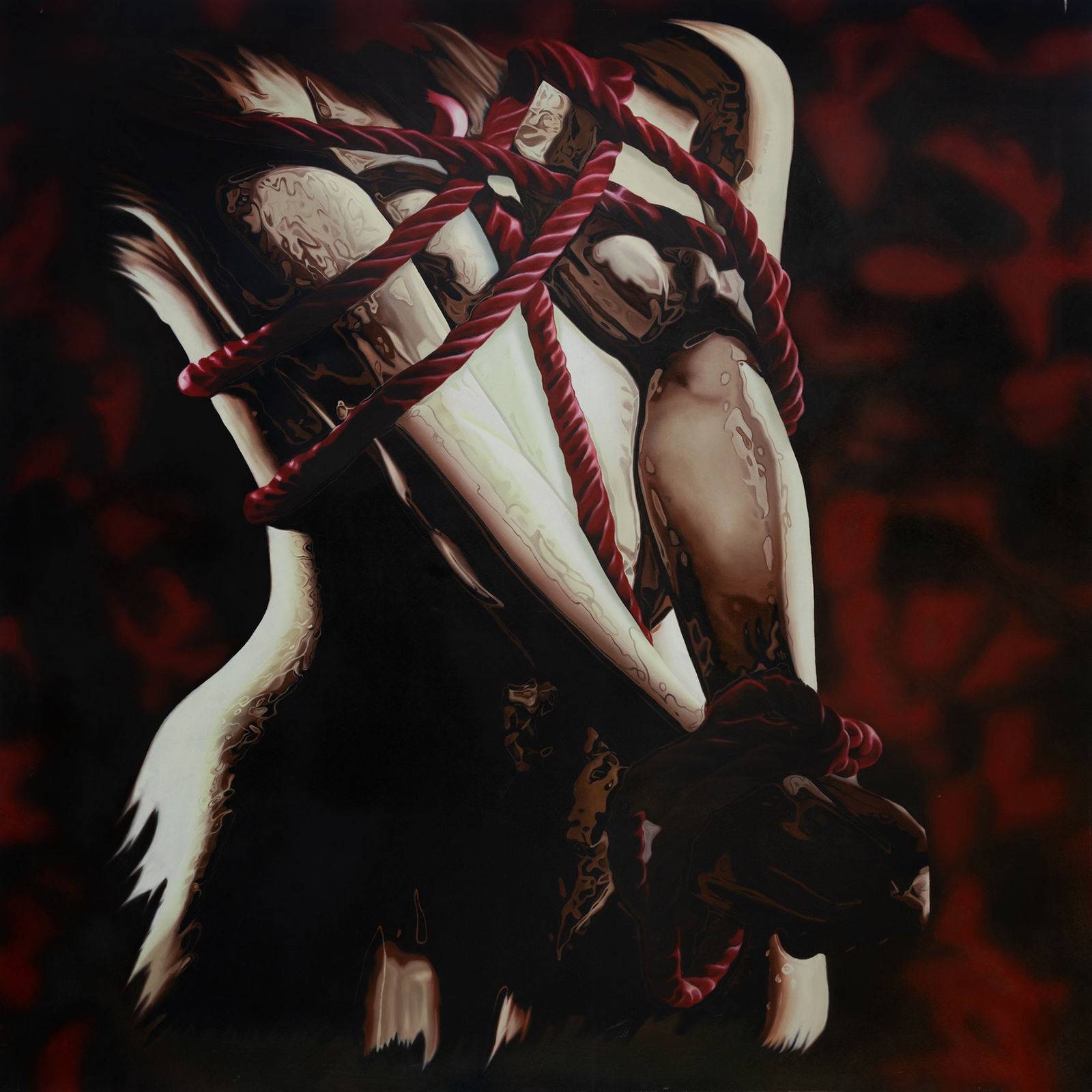 Dark composition of entangled human bodies bound by thick crimson braided ropes, black ground with red reflections, square format 150×150 cm.